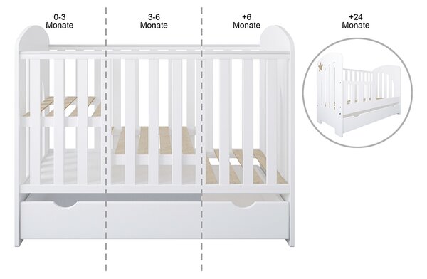 Łóżeczko dziecięce STARS BABY 120x60 z szufladą, barierką i funkcją tapczanika – białe z dekoracyjną gwiazdką