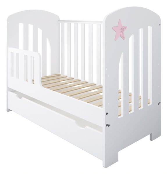 Łóżeczko dziecięce STARS BABY 120x60 z szufladą, barierką i funkcją tapczanika – białe z dekoracyjną gwiazdką