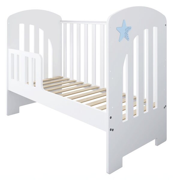 Łóżeczko dziecięce STARS BABY 120x60 z szufladą, barierką i funkcją tapczanika – białe z dekoracyjną gwiazdką