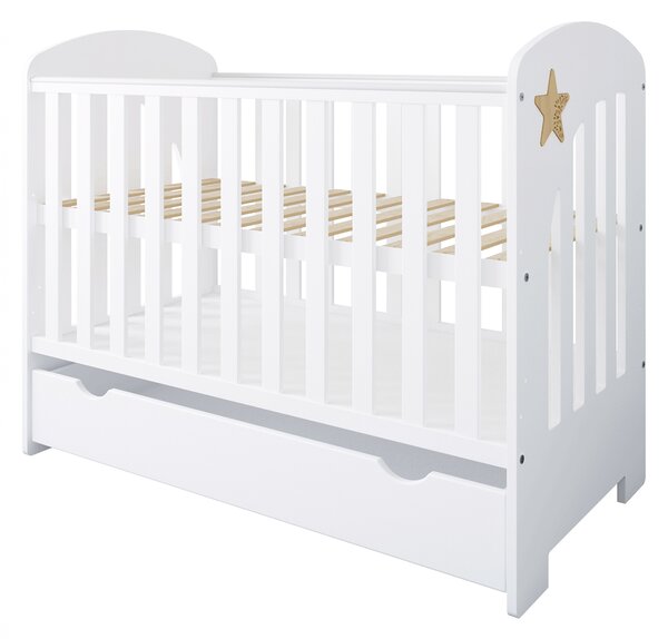 Łóżeczko dziecięce STARS BABY 120x60 z szufladą, barierką i funkcją tapczanika – białe z dekoracyjną gwiazdką