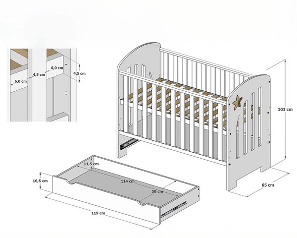 Łóżeczko dziecięce STARS BABY 120x60 z szufladą, barierką i funkcją tapczanika – białe z dekoracyjną gwiazdką