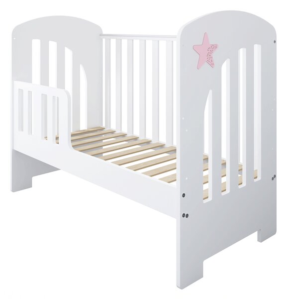 Łóżeczko dziecięce STARS BABY 120x60 z szufladą, barierką i funkcją tapczanika – białe z dekoracyjną gwiazdką