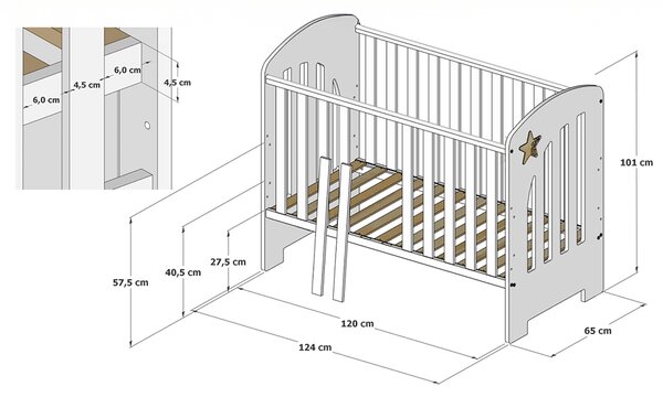 Łóżeczko dziecięce STARS BABY 120x60 z szufladą, barierką i funkcją tapczanika – białe z dekoracyjną gwiazdką