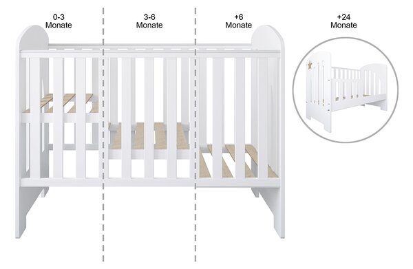 Łóżeczko dziecięce STARS BABY 120x60 z szufladą, barierką i funkcją tapczanika – białe z dekoracyjną gwiazdką