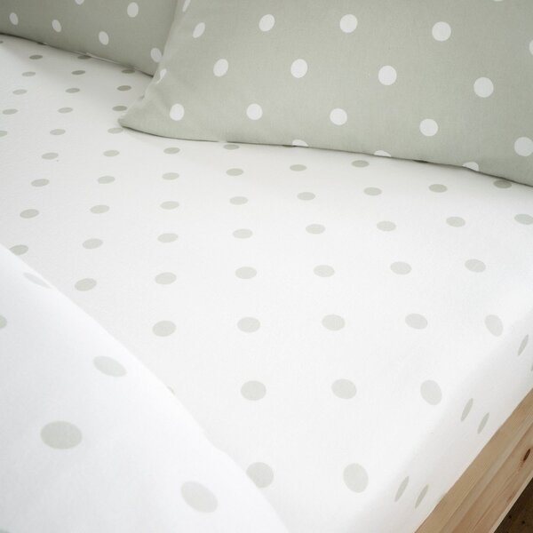 Biało-zielone flanelowe prześcieradło z gumką 150x200 cm Polka Dot – Catherine Lansfield