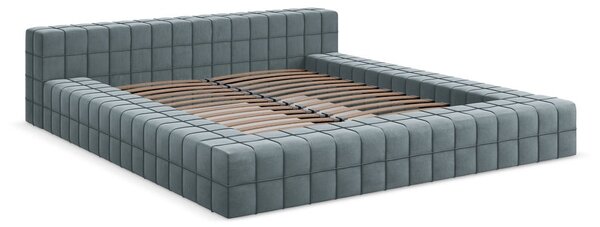 Jasnoniebieskie tapicerowane łóżko dwuosobowe ze stelażem 140x200 cm Akela – Makamii