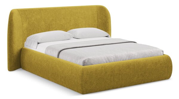 Musztardowe tapicerowane łóżko dwuosobowe ze schowkiem i stelażem 160x200 cm Hauke – Makamii