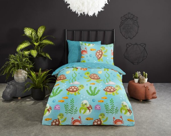 Niebieska bawełniana pościel dziecięca jednoosobowa 140x220 cm Turtles – Good Morning