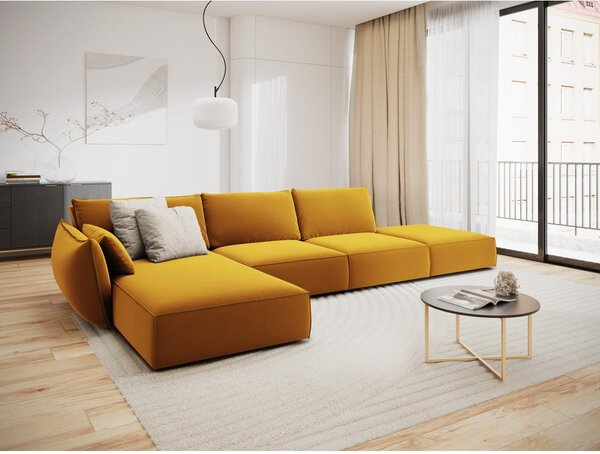 Musztardowy aksamitny narożnik (lewostronny/z szezlongiem) Vanda – Mazzini Sofas