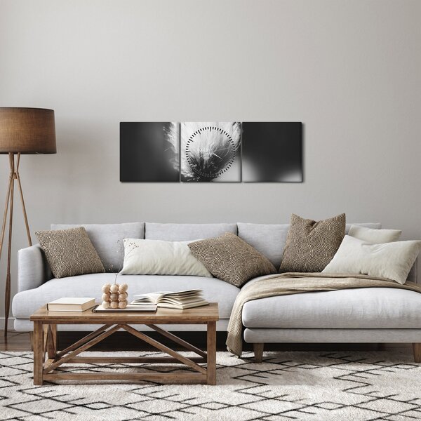 Obraz - Czarno-biała trawa bawełniana (z zegarem) (90x30 cm)