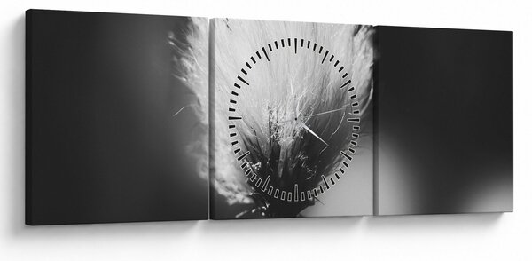 Obraz - Czarno-biała trawa bawełniana (z zegarem) (90x30 cm)
