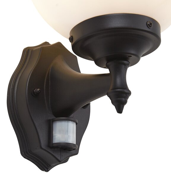 Klasyczna zewnętrzna lampa ścienna czarna z opalowym szkłem IP44 z czujnikiem ruchu - Champs
