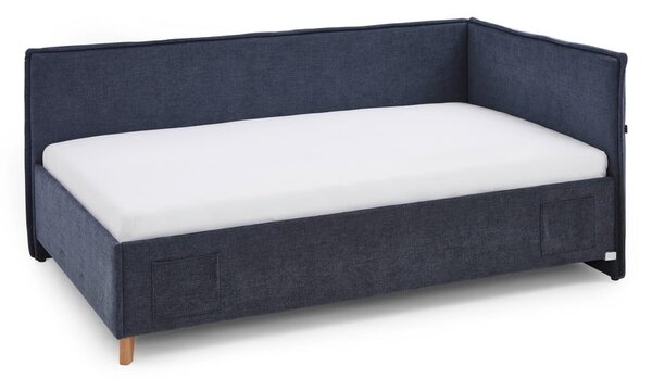 Ciemnoniebieskie tapicerowane narożne łóżko dziecięce ze schowkiem ze stelażem 120x200 cm Fun – Meise Möbel