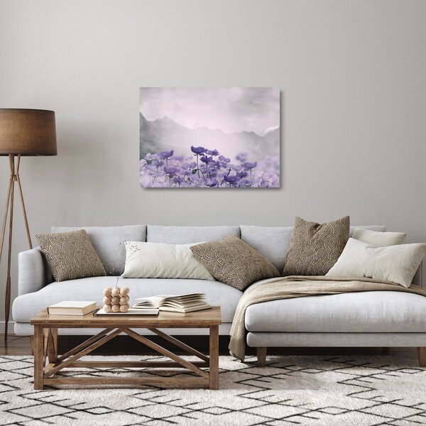 Obraz na szkle - Fioletowe kwiaty w górach (70x50 cm)
