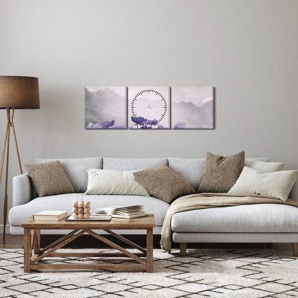 Obraz - Fioletowe kwiaty w górach (z zegarem) (90x30 cm)