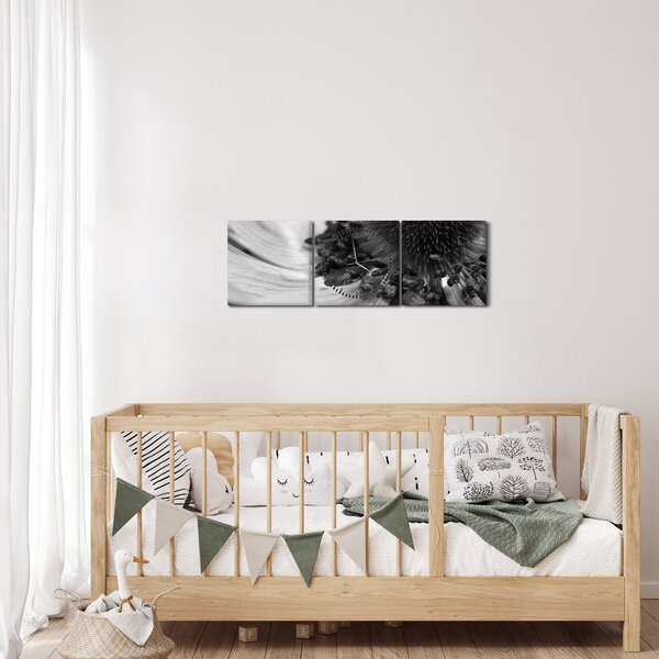 Obraz - Kwiat w czerni i bieli (z zegarem) (90x30 cm)