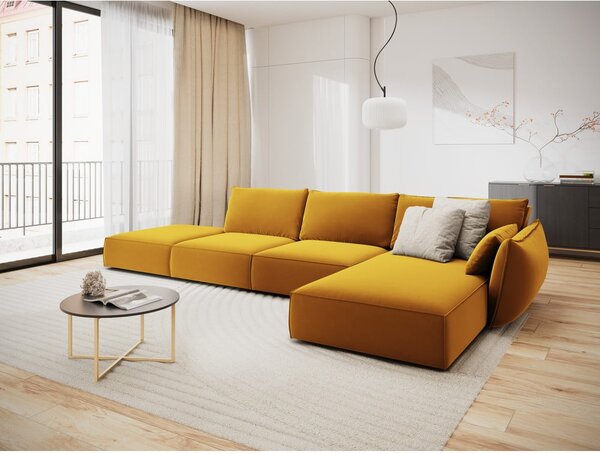 Musztardowy aksamitny narożnik (prawostronny/z szezlongiem) Vanda – Mazzini Sofas