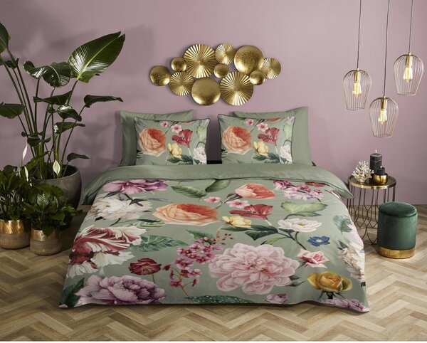 Zielona pościel dwuosobowa z satyny bawełnianej 200x220 cm Fiori – Descanso