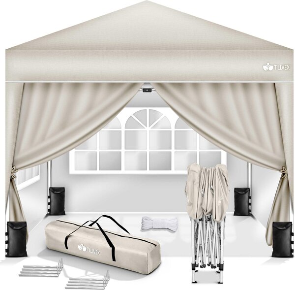 Tillvex altana 3x3m beowa - z 4 wodoodpornymi panelami bocznymi | skadana altana pop-up z regulacj wysokoci | namiot ogrodowy ochrona UV 50+ | namiot imprezowy z torb do ogrodu