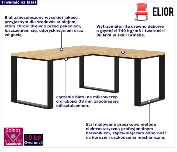 Dębowe loftowe biurko z dostawką 170 x 80 + 70 x 90 W8-F51