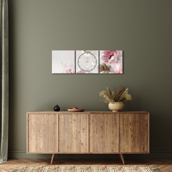 Obraz - Malowanie różowych kwiatów (z zegarem) (90x30 cm)