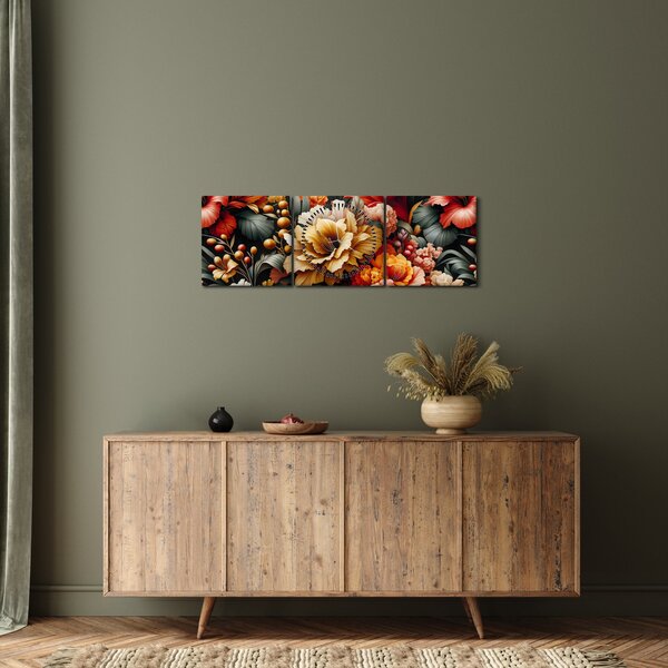 Obraz - Pomarańczowo-czerwone kwiaty (z zegarem) (90x30 cm)