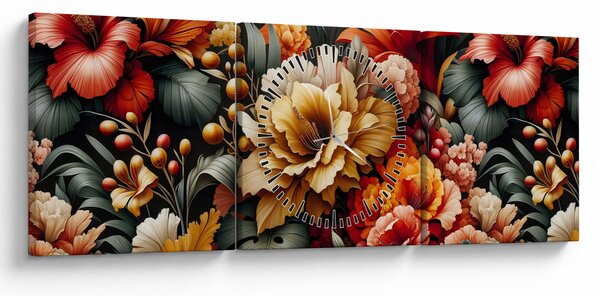 Obraz - Pomarańczowo-czerwone kwiaty (z zegarem) (90x30 cm)