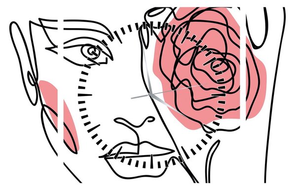 Obraz - Line art twarz z różą (z zegarem) (90x30 cm)