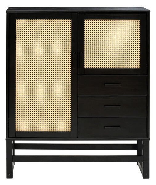 Czarna komoda z drewna sosnowego z rattanowymi drzwiczkami Støraa Jolene, szer. 90 cm
