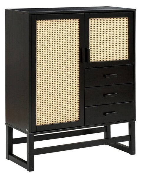 Czarna komoda z drewna sosnowego z rattanowymi drzwiczkami Støraa Jolene, szer. 90 cm