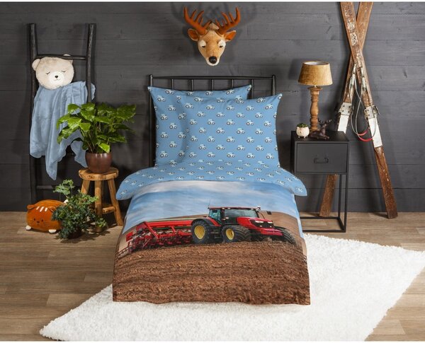 Niebieska flanelowa pościel dziecięca jednoosobowa 140x200 cm Tractor – Good Morning