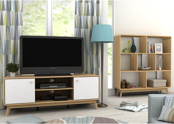 Biało-naturalna szafka pod TV w dekorze dębu 140x53 cm Caitlin – Støraa
