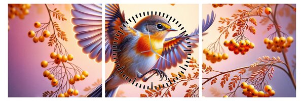 Obraz - Ptak z jarzębiną (z zegarem) (90x30 cm)