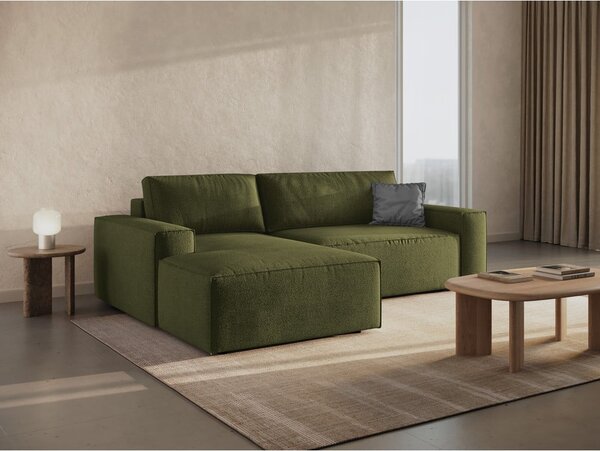Ciemnozielony rozkładany narożnik z materiału bouclé (lewostronny) Jodie – Micadoni Home