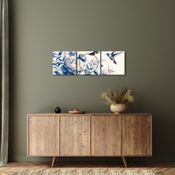 Obraz - Kolibry nad kwiatem (z zegarem) (90x30 cm)