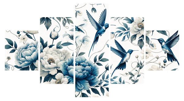 Obraz - Kolibry z kwiatami (125x70 cm)