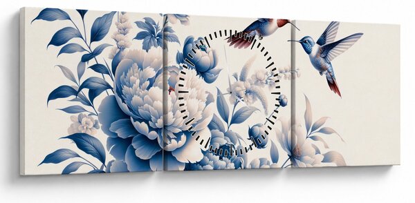 Obraz - Kolibry nad kwiatem (z zegarem) (90x30 cm)