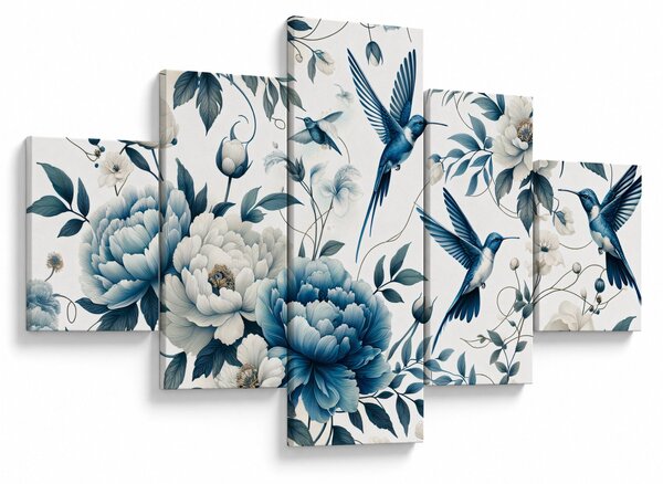 Obraz - Kolibry z kwiatami (125x70 cm)