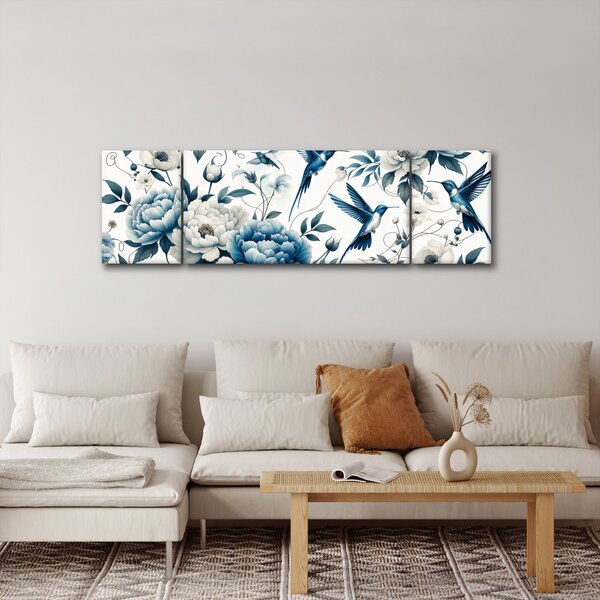 Obraz - Kolibry z kwiatami (170x50 cm)