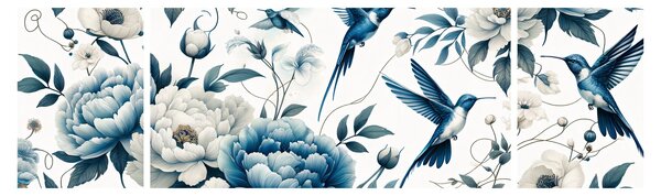 Obraz - Kolibry z kwiatami (170x50 cm)