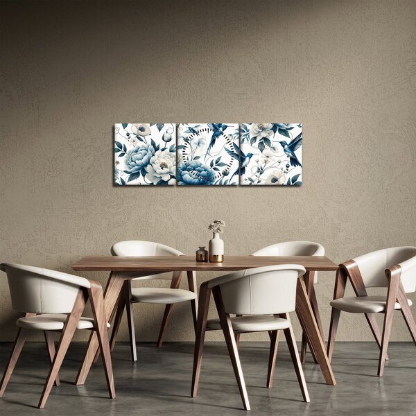 Obraz - Kolibry z kwiatami (z zegarem) (90x30 cm)