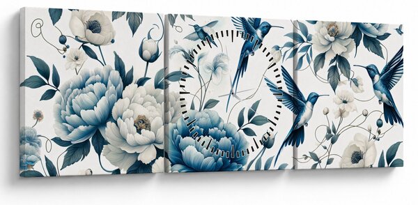 Obraz - Kolibry z kwiatami (z zegarem) (90x30 cm)