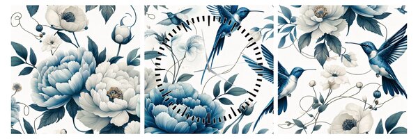 Obraz - Kolibry z kwiatami (z zegarem) (90x30 cm)