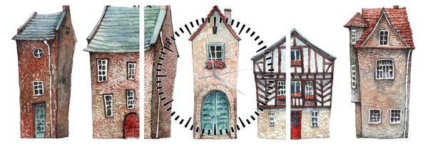 Obraz - Domy akwarelowe (z zegarem) (90x30 cm)