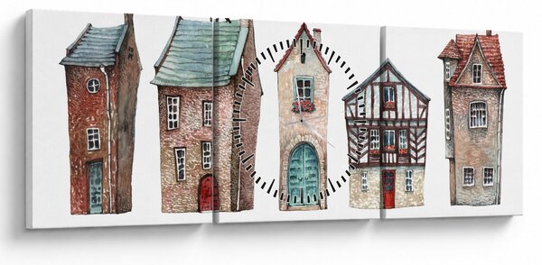 Obraz - Domy akwarelowe (z zegarem) (90x30 cm)