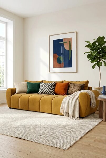 Musztardowa sofa welurowa z pojemnikiem N4-W06