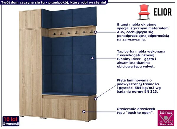 Szafa z siedziskiem tapicerowanym dąb sonoma + granat L5-T53