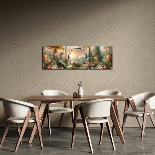 Obraz - Pawie w ogrodzie (z zegarem) (90x30 cm)
