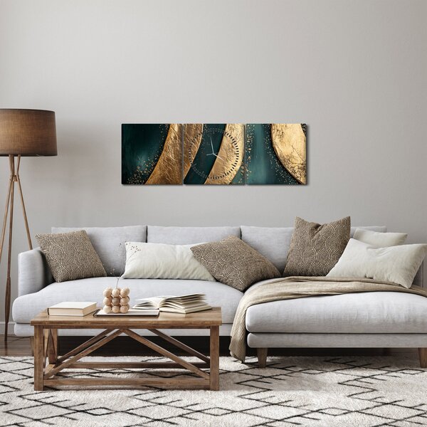 Obraz - Zielona abstrakcja ze złotem I. (z zegarem) (90x30 cm)