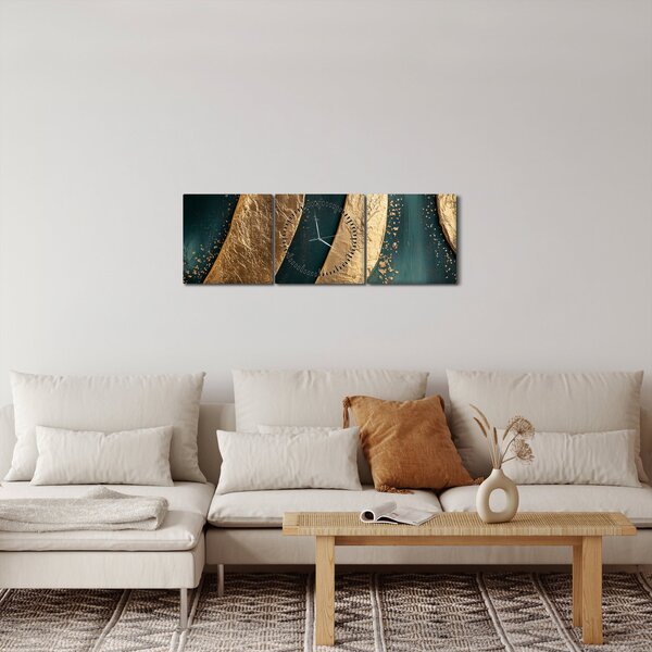 Obraz - Zielona abstrakcja ze złotem I. (z zegarem) (90x30 cm)